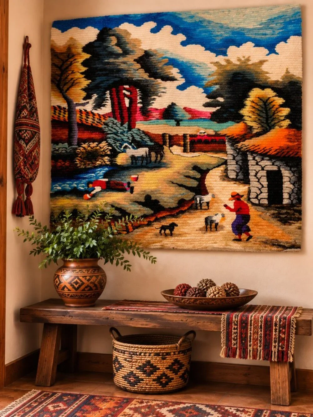 Vintage Andean Village Tapestry – Handwoven Peruvian Mountain Landscape Wall Art